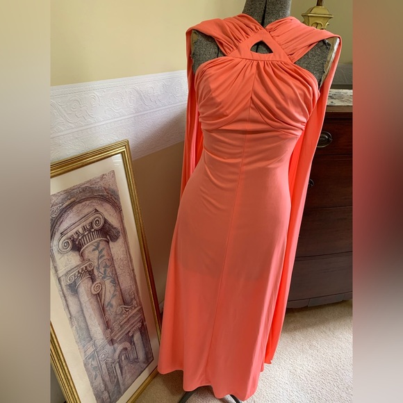Vintage 1970s Peachy Pink Adjustable Flowy Scarf Wrap Gown Size 6 Dessy NY. - Picture 1 of 14